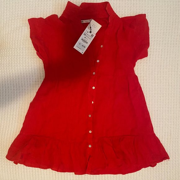 ZARA TIERED LINEN RED DRESS - Picture 2 of 2